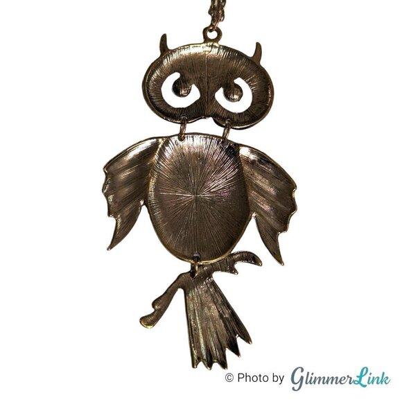 Articulated Enameled Owl Long Antiqued Gold Tone Chain Necklace - Picture 11 of 14